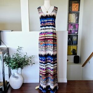 JADE BY JANE Tribal Print Side Slit Maxi Dress Size 2X Tan Red NWOT